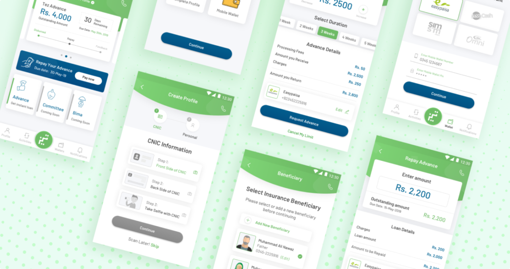 Mockups of Tez Financial Services app