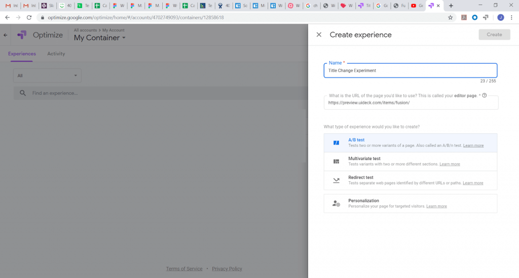 create an experience in Google optimize
